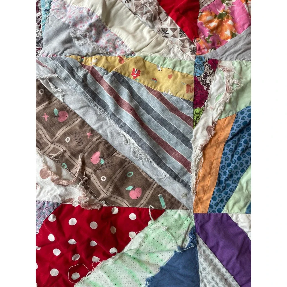 Vintage Handmade Crazy Quilt Multi-Color Patchwork Folk Art Cutter Quilt 74x66